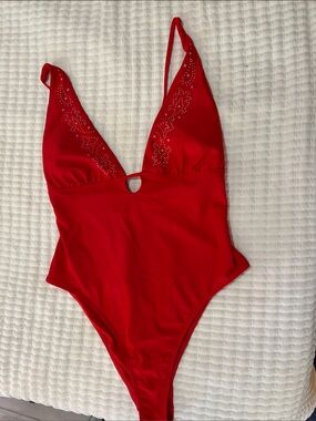 No Boundaries Red Swim Top with Embellished Plunge Neck